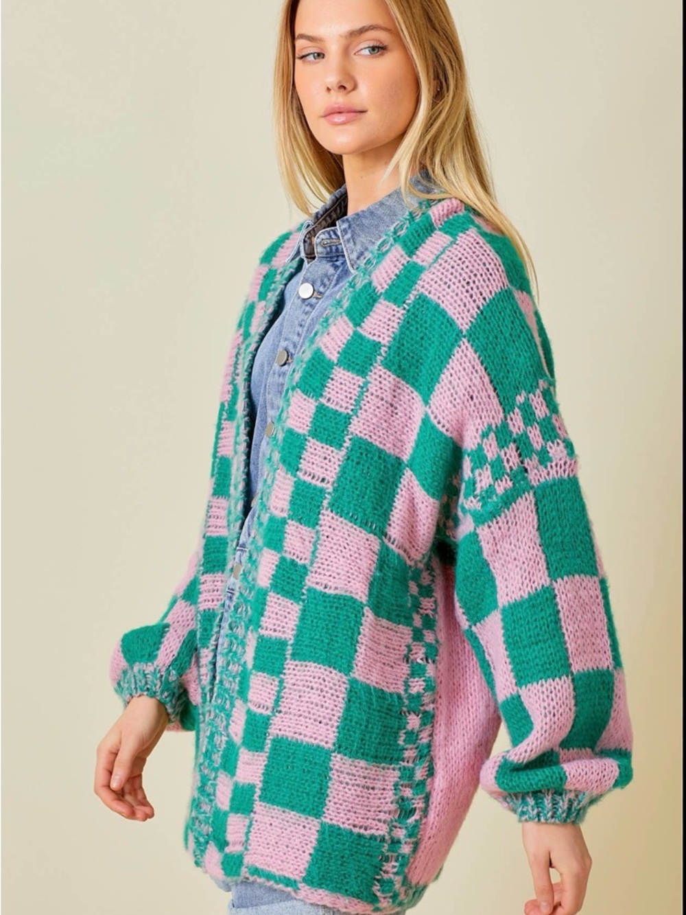 Chunky Check Knit Cardigan Sweater - Pink & Green